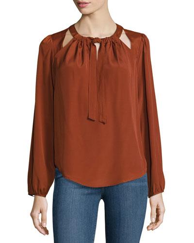 Solid Long-sleeve Cutout Blouse,