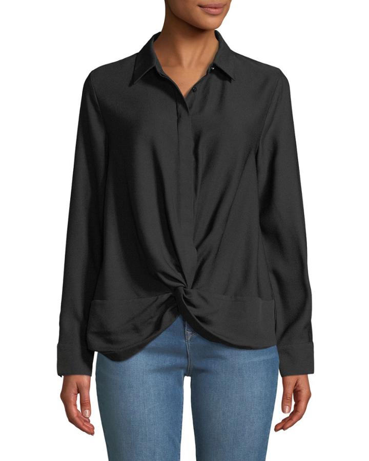 Crepe Twist-hem Button-front Blouse