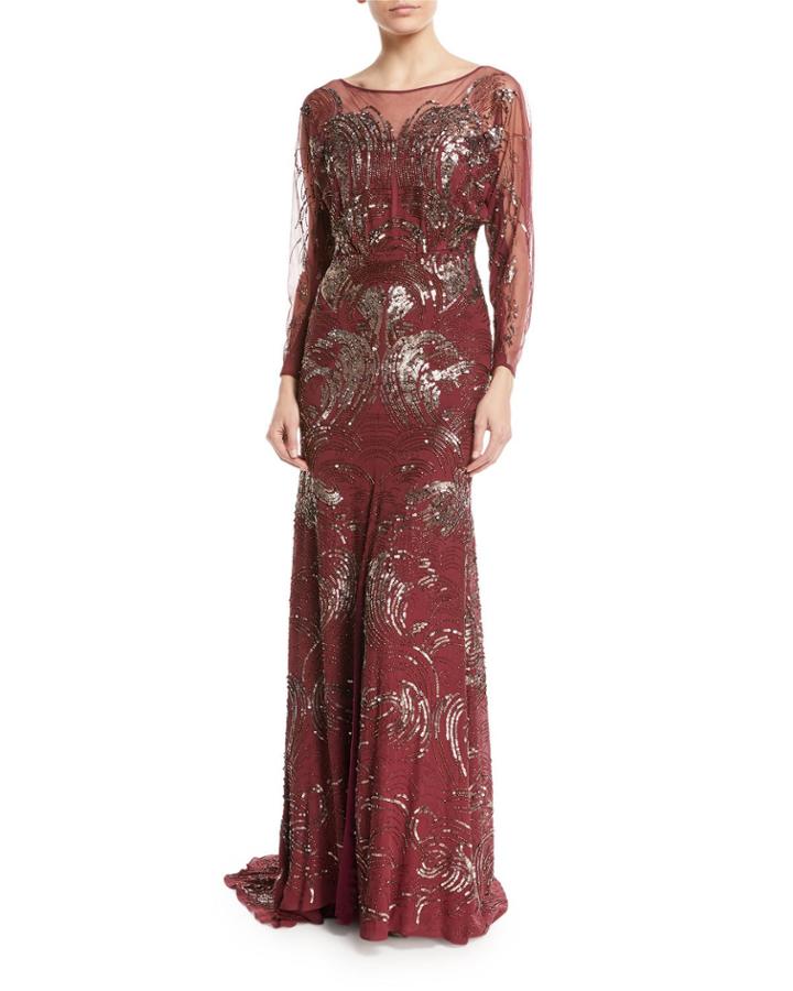 Long-sleeve Swirl Sequin Beaded Evening Gown