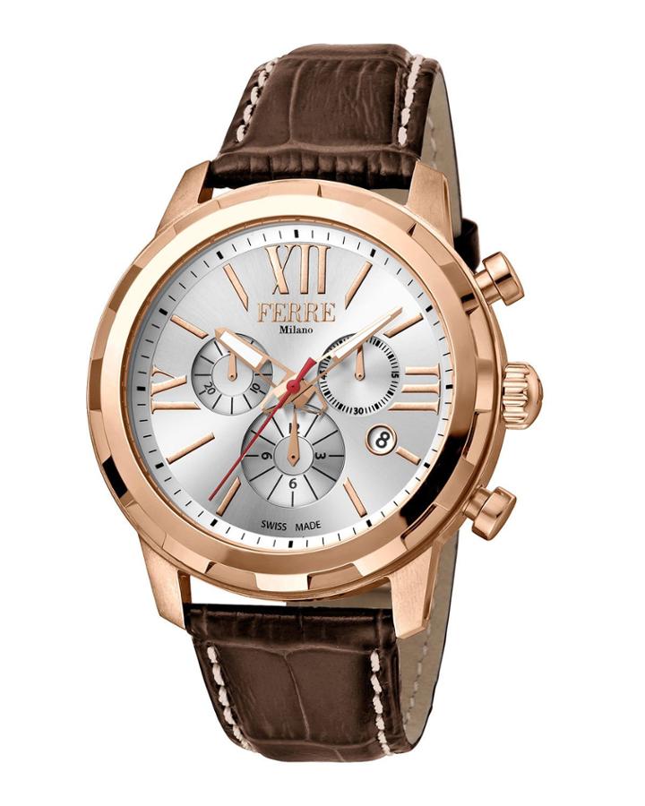 Men's 44mm Faceted Watch W/ Leather, Brown/rose