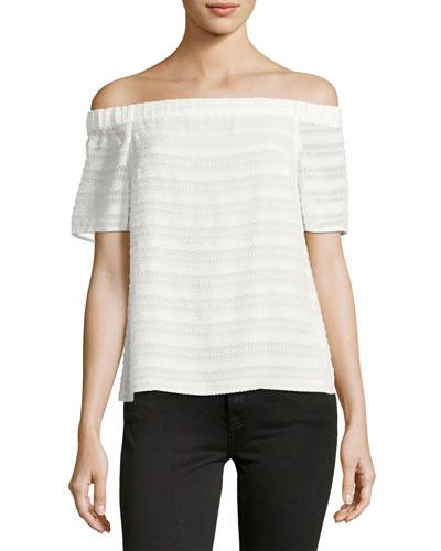 Off-the-shoulder Tonal-striped Top, White