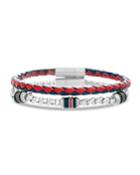 Men's Two-row Braided Leather & Stainless Steel Chain Bracelet, Red/black