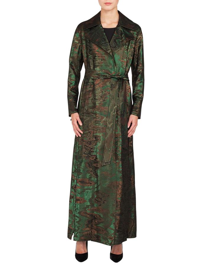 Metallic-jacquard Belted Trench-style Coat