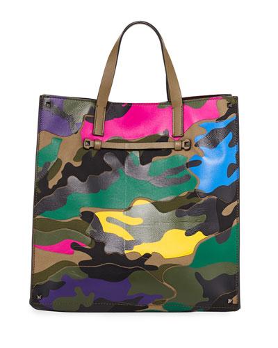 Multicolor Camouflage Leather Tote Bag, Green/pink