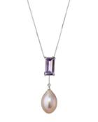 14k Amethyst, Diamond & Pink Pearl Drop Necklace