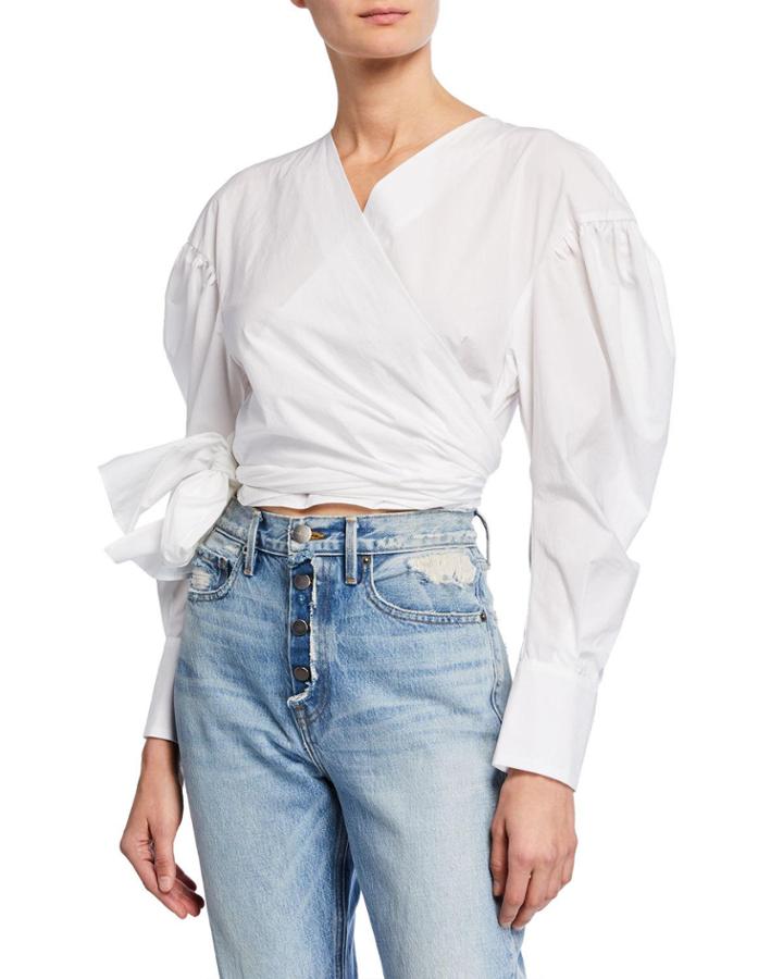Puff-sleeve Cropped Wrap Blouse