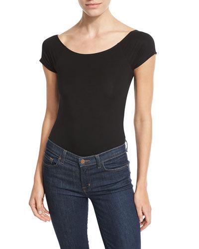 Off-the-shoulder Short-sleeve Bodysuit, Black