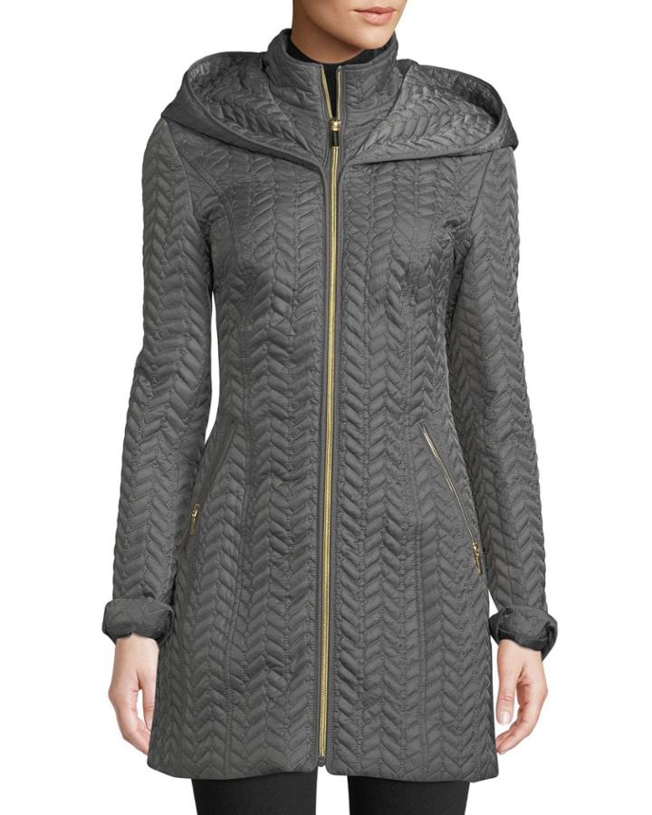 Zip-front Quilted Mid-length Coat W/ Hood