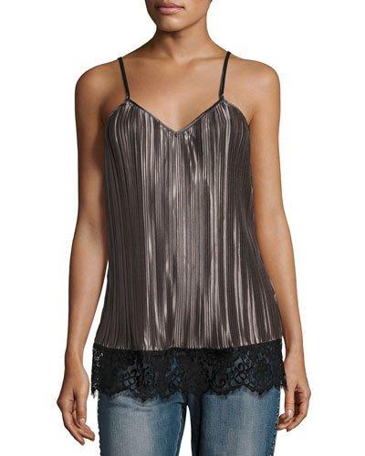 Pleated-satin Lace-trim Camisole Top, Charcoal
