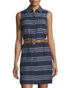 Linen Striped Belted Shirtdress, Real Navy