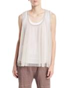 Scoop-neck Tulle Pleated Tank With Cotton Tank Attached