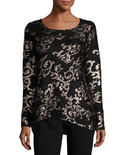 Embellished Foil-print Sweater, Black/gold