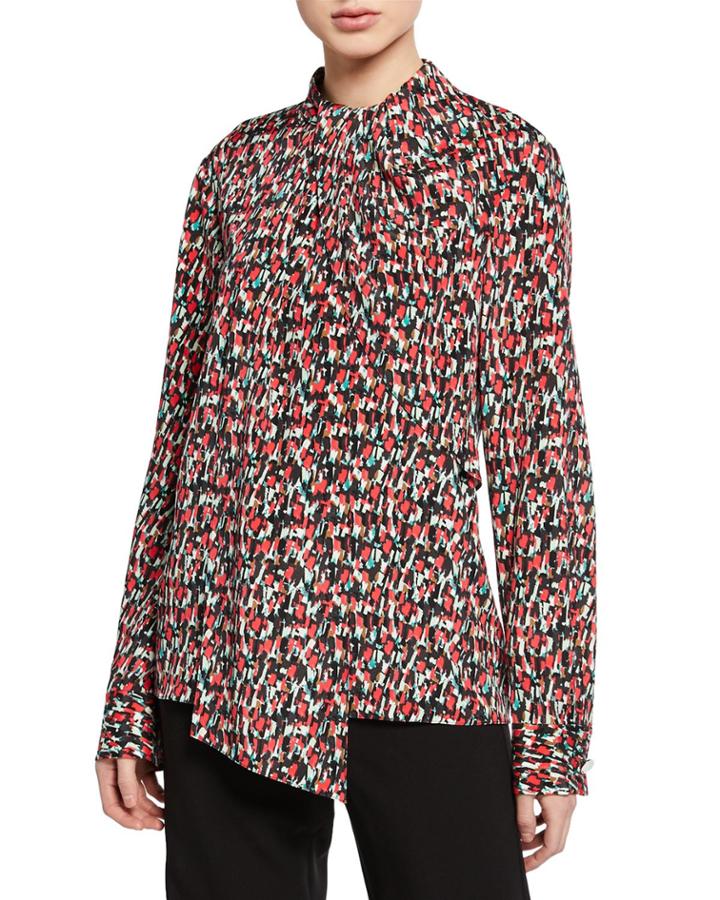 Speckled-print Stretch-silk Blouse W/ Drape-neck