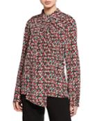 Speckled-print Stretch-silk Blouse W/ Drape-neck