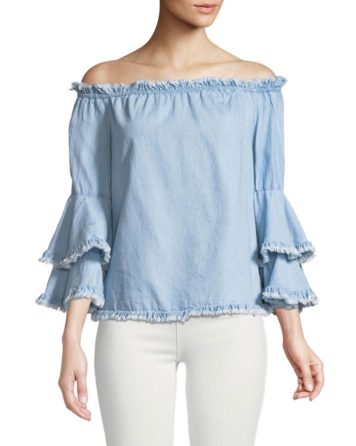 Off-the-shoulder Fringed Denim Blouse