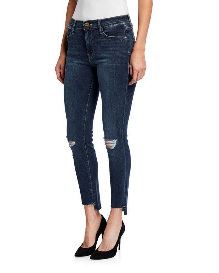 Le High Skinny Distressed Raw Stagger Hem Jeans