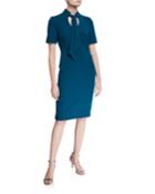 Tie-neck Short-sleeve Sheath Dress W/ Mandarin Collar