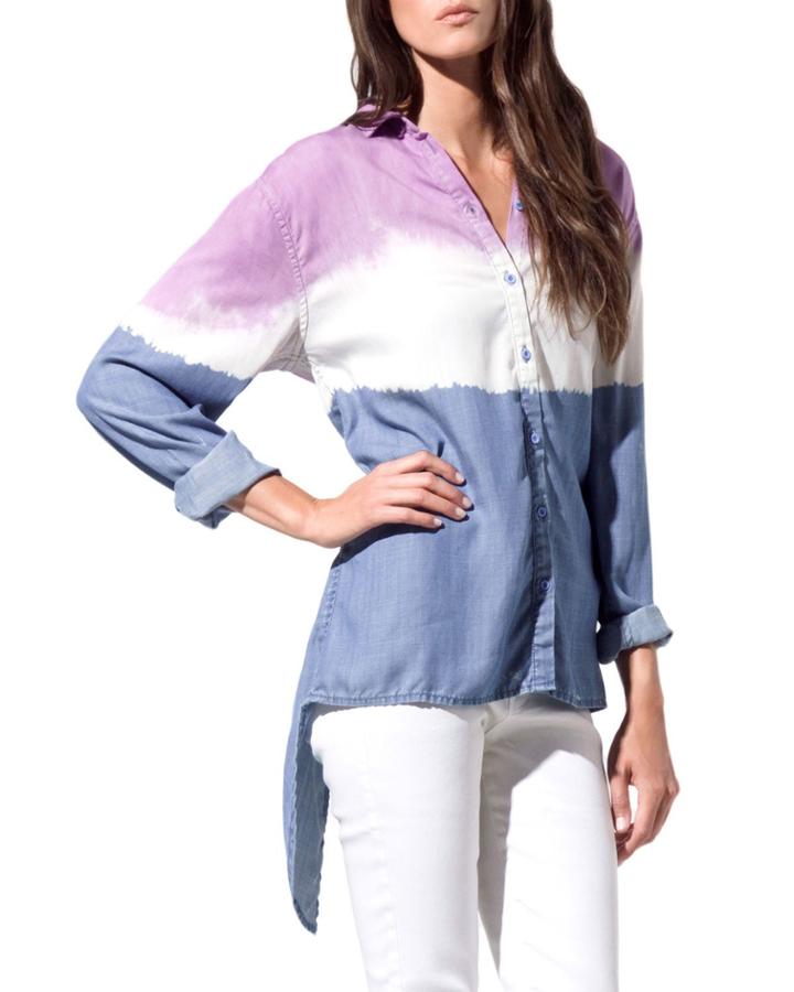 Tricolor Block High Low Tencel Denim Blouse