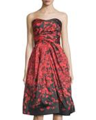 Floral-print Strapless Gown, Red-noire