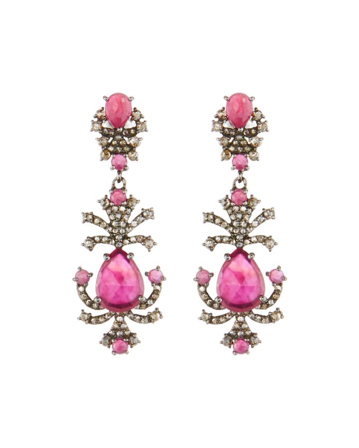 Linear Diamond & Glass Ruby Drop Earrings