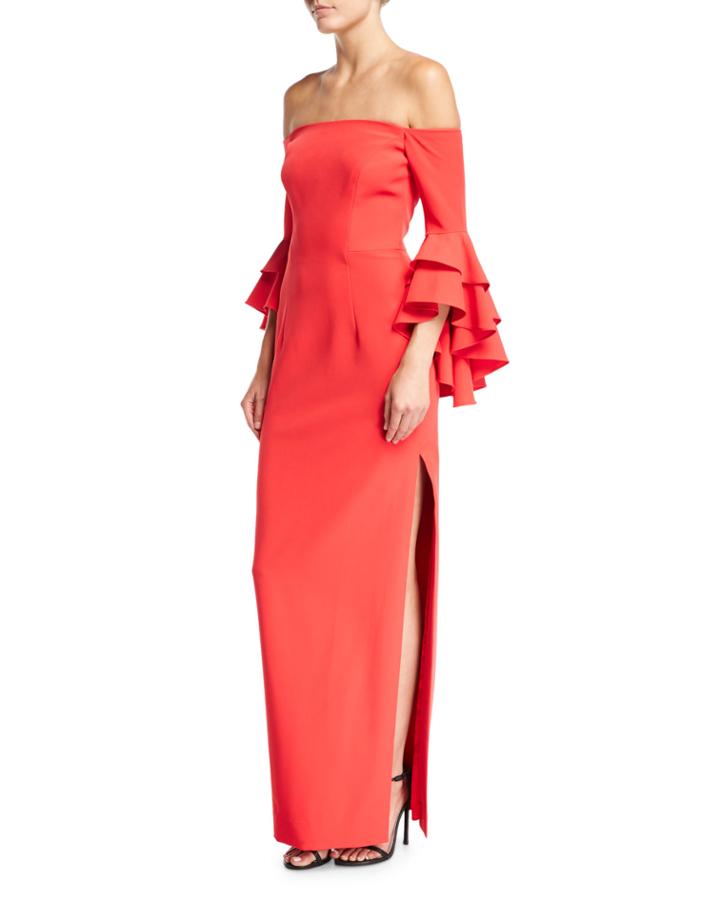 Selena Off-the-shoulder Double-ruffled Sleeve Evening Gown