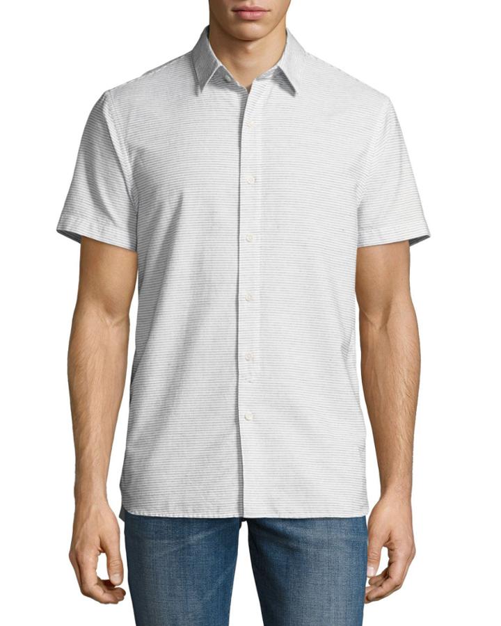 Henry Short-sleeve Striped Slub Shirt, Beige/light Gray