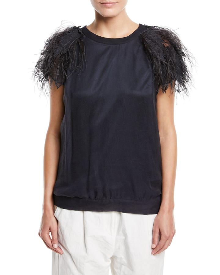 Crewneck Short-sleeve Silk Top With Feathers