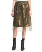 Iridescent Metallic Taffeta Skirt With Tulle Overlay, Forest Green/gold