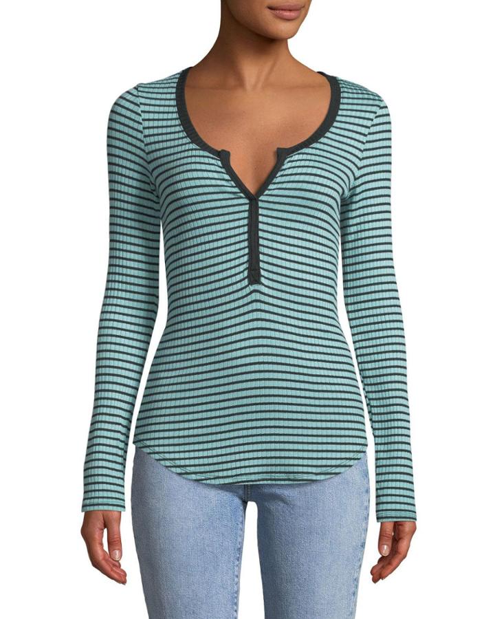 Striped Ribbed Faux-henley Tee