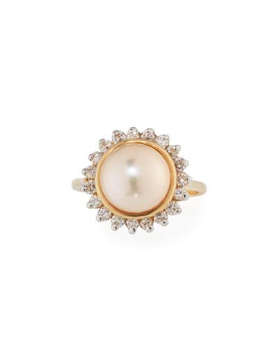 14k Peach Pearl & Diamond Flower Ring,