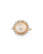 14k Peach Pearl & Diamond Flower Ring,