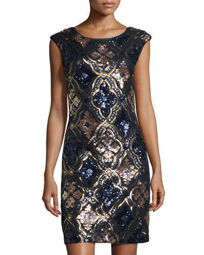 Open-back Sequined Cocktail Dress, Blue/gold