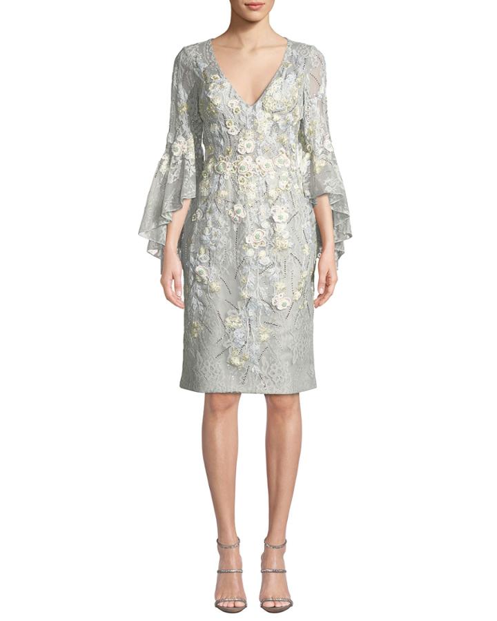Trumpet-sleeve Sheath Dress W/ Floral Embroidery