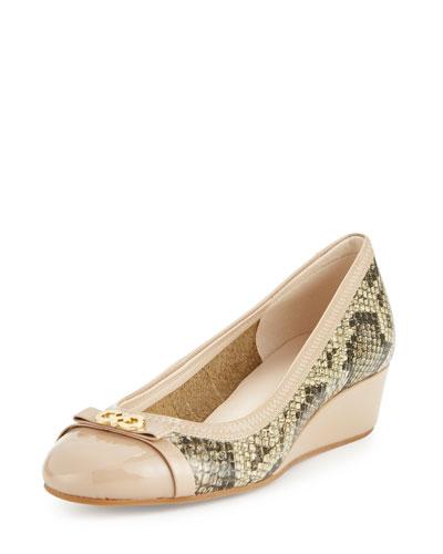 Elsie Snake-embossed Bow Wedge Pump, Natural Roccia