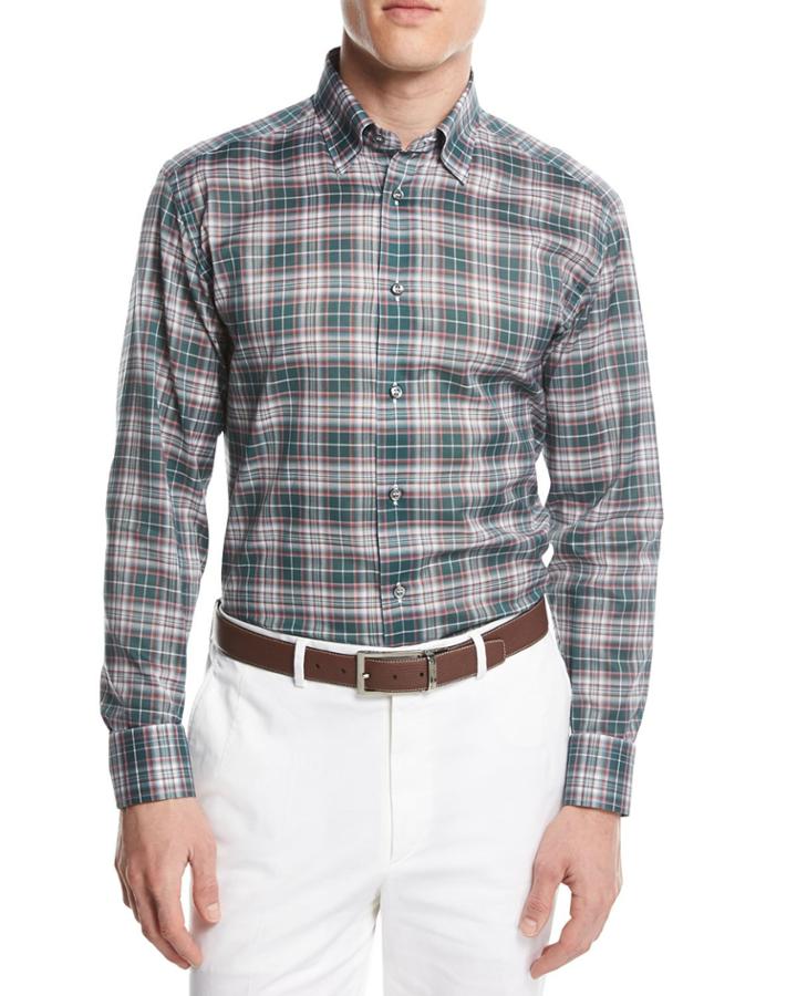 Plaid Button-front Shirt, Green/pink