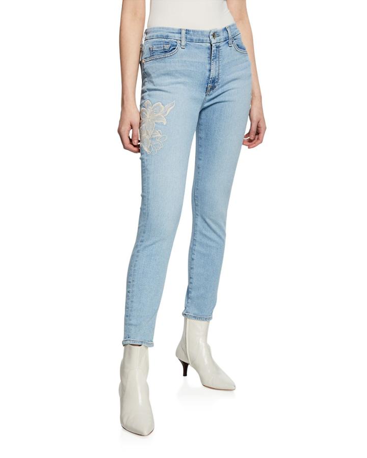 Ankle Skinny Floral-embroidery Jeans