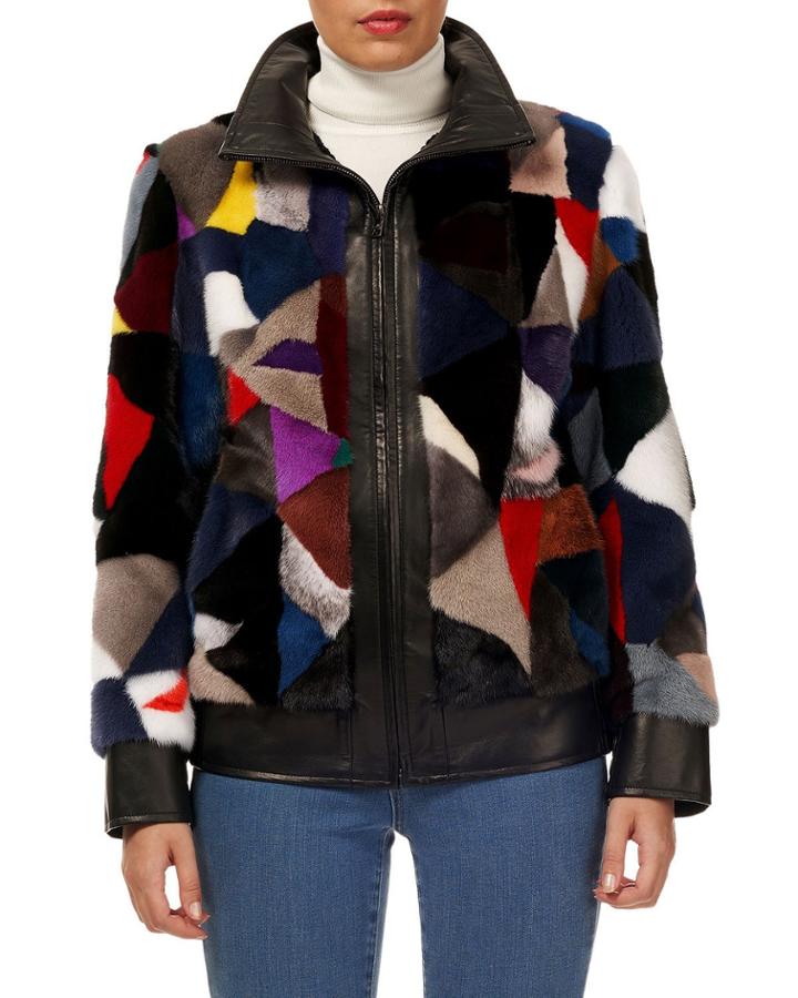 Patchwork Mink-fur Zip-front Jacket W/