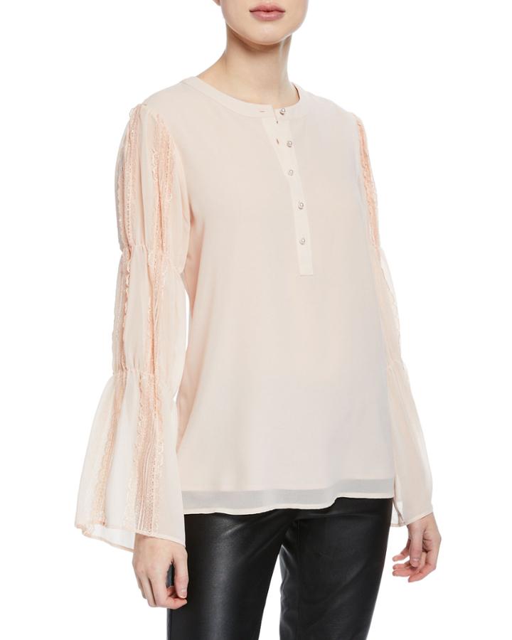 Pearly Button-down Lace-sleeve Blouse