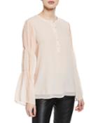 Pearly Button-down Lace-sleeve Blouse