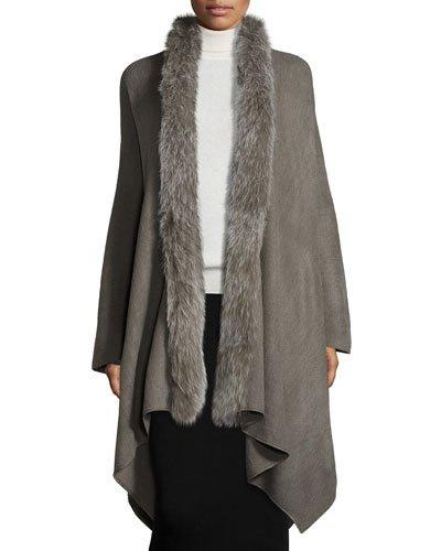 Oversized Fox Fur-trimmed Serape, Dark Gray