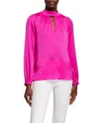 Emmie Mock-neck Long-sleeve Stretch Silk Keyhole Top