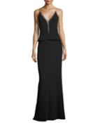 Sleeveless Sheer-trim Peplum Gown, Black