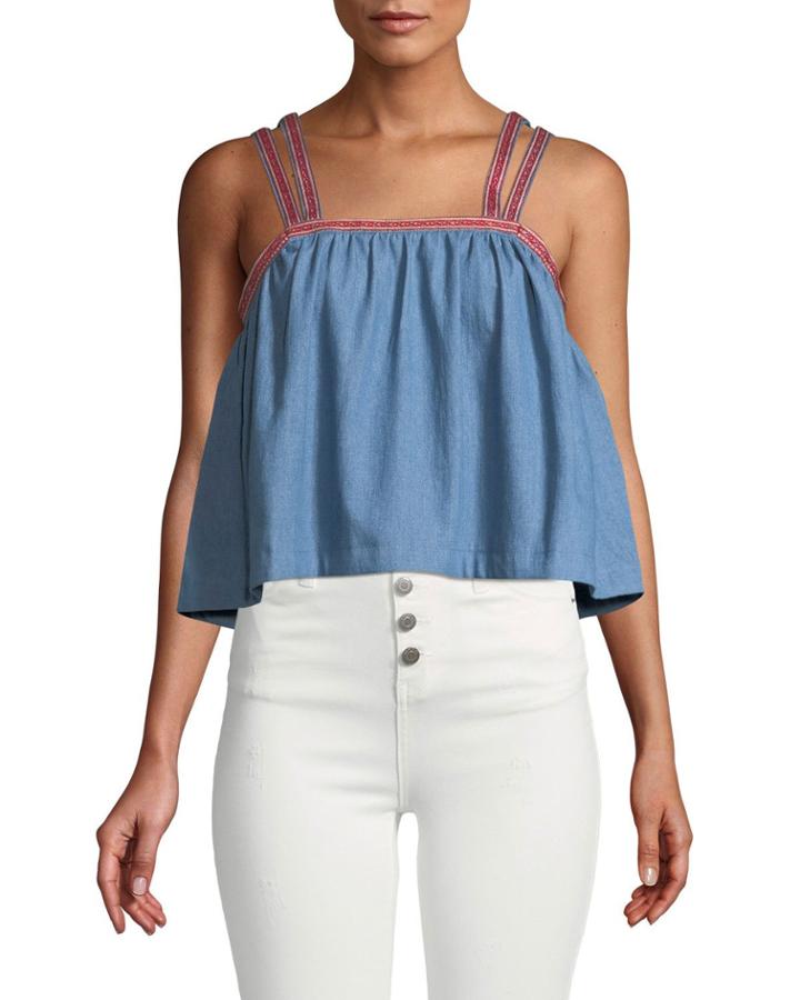 Embroidered Sleeveless Denim Crop Blouse