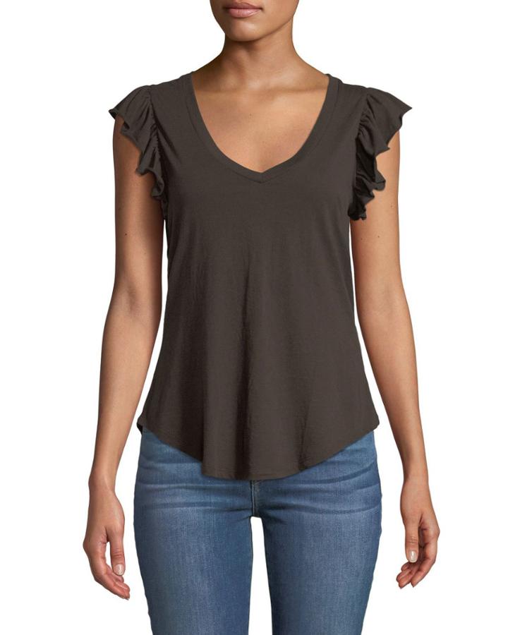 Flutter-sleeve V-neck Tee, Black