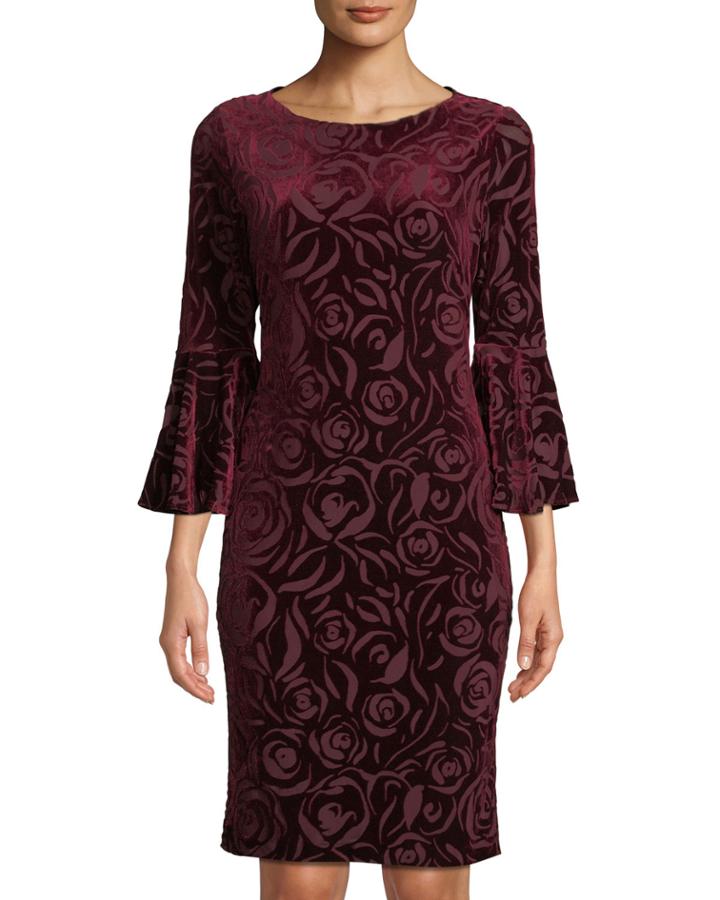 Rose Velvet Burnout Bell-sleeve Dress