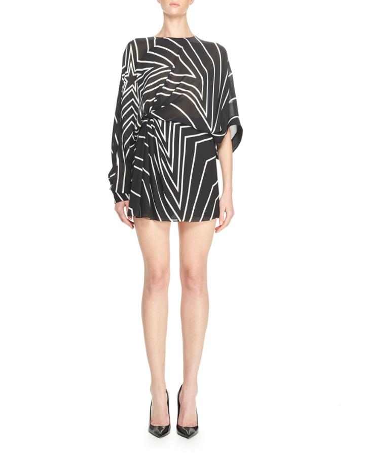 Gathered Star-print Mini Dress, Black/white