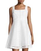 Mesh-stripe Sleeveless Fit-&-flare Dress, Ivory