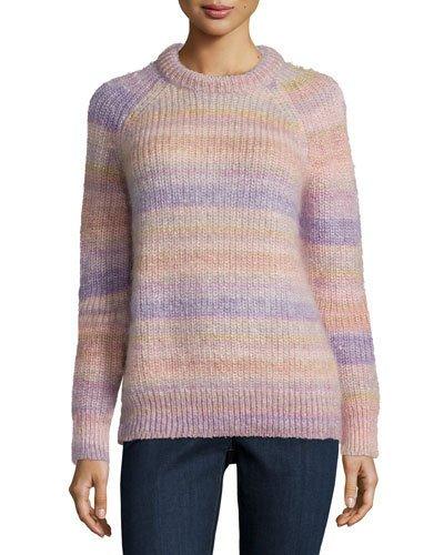 Long-sleeve Striped Shaker Sweater, Thistle