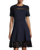Short-sleeve Ponte Lace-inset Dress, Navy