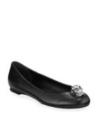 Skull Ornamented Leather Ballet Flats, Black/silver